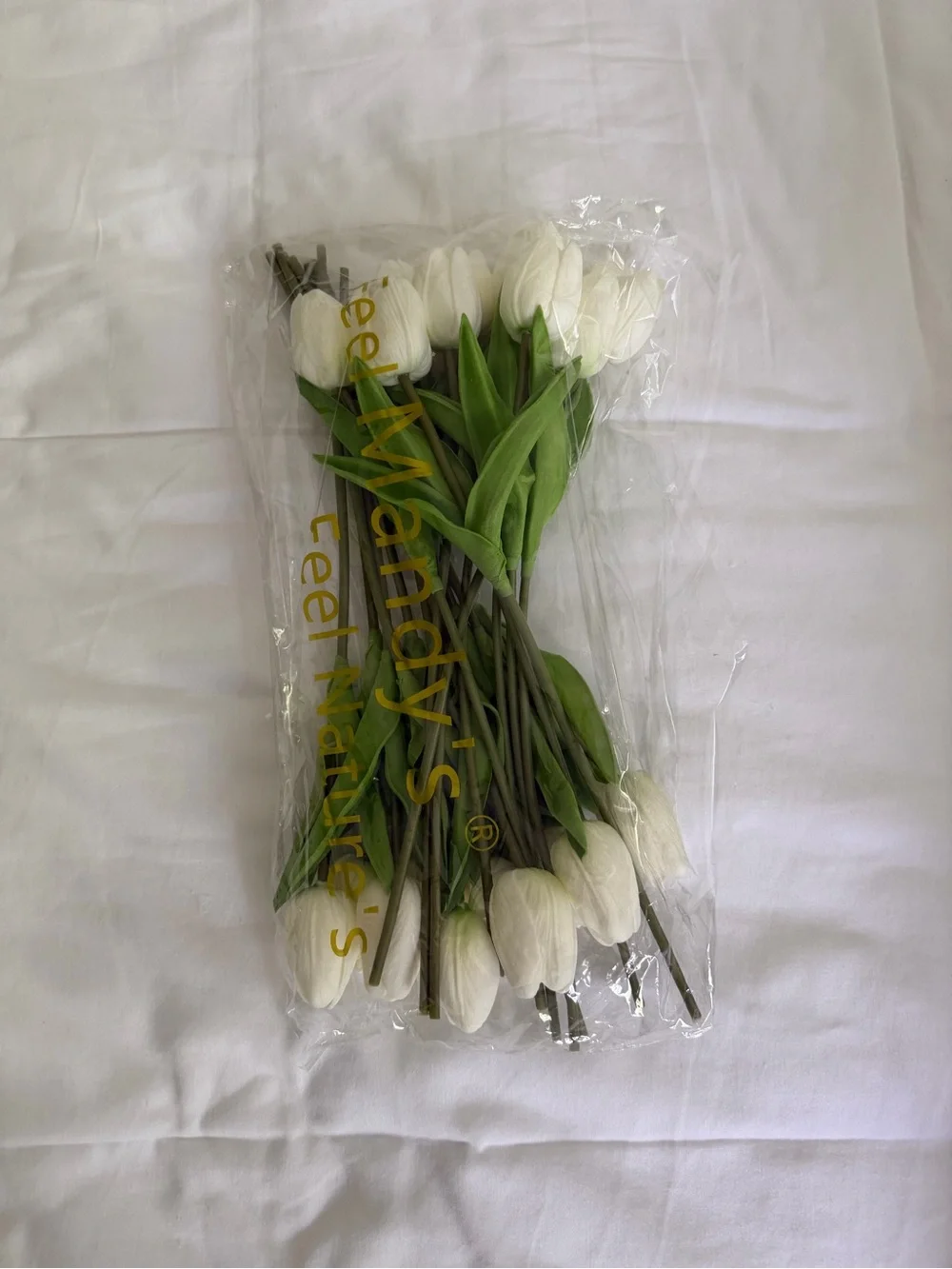 White Artificial Tulip Bouquet - Realistic Stem & Leaves